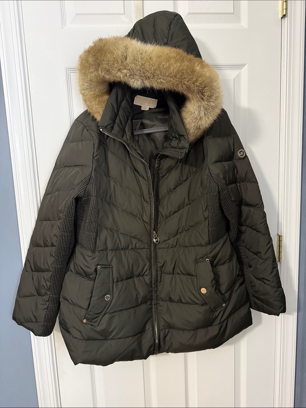 Michael Kors Olive Green Quilted Puffer with Faux Fur Trim Hood